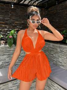 SHEIN SXY Women's Solid Color Halter Back Strap Jumpsuit For Holiday And Casual Wear Holiday Sexy Summer Beach Vacation Boho Women Outfit Pride Clothes Western Wear Birthday Outfit Bachelorette Party Concert Club