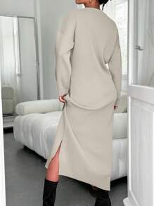 EURMUSE Vestido De Lana De Hombro Caído Con Dobladillo Dividido De Color Sólido - Beis - Ver 2