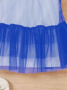 SHEIN Young Girl Warm Vacation Letter Print Short Sleeve Dress And Mesh Ruffle Trim Decorated Spaghetti Strap Dress