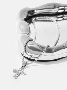 SHEIN X Lucía Bellido SHEIN ICON Cross Pendant Twisted Rope Chain Necklace, Suitable For Women's Daily Wear In Spring And Summer - Silver - View 5