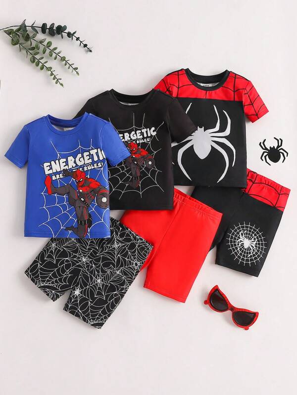 Baby Boy Snug Fit Spider Patterned Knit Home Sleepwear Set, 6pcs, Summer Casual And Comfortable Short Sleeve Shorts