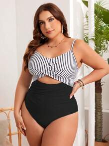 SHEIN Swim Curve Plus Size damski jednoczęściowy strój kąpielowy w paski, z wycięciem w talii, letni, stroje kąpielowe w dużych rozmiarach - Czarne - Zobacz 3