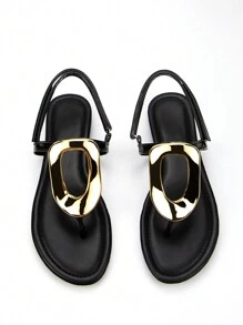 Women's Classic Elegant Style Gold Metal Buckle Decorated Black Mirror Fabric Comfortable Hook-And-Loop Sandals With Back Strap And Flat Heel - Black - View 3