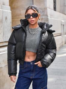 EURMUSE Shiny Printed Crop Puffer Coat In Black - Black - View 8