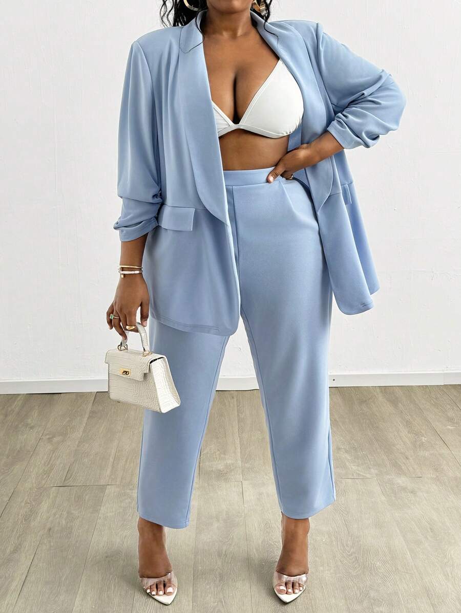 SHEIN SXY Cộng với áo khoác và quần hở phía trước rắn cho trang phục hàng ngày - Màu xanh lam - Xem 1