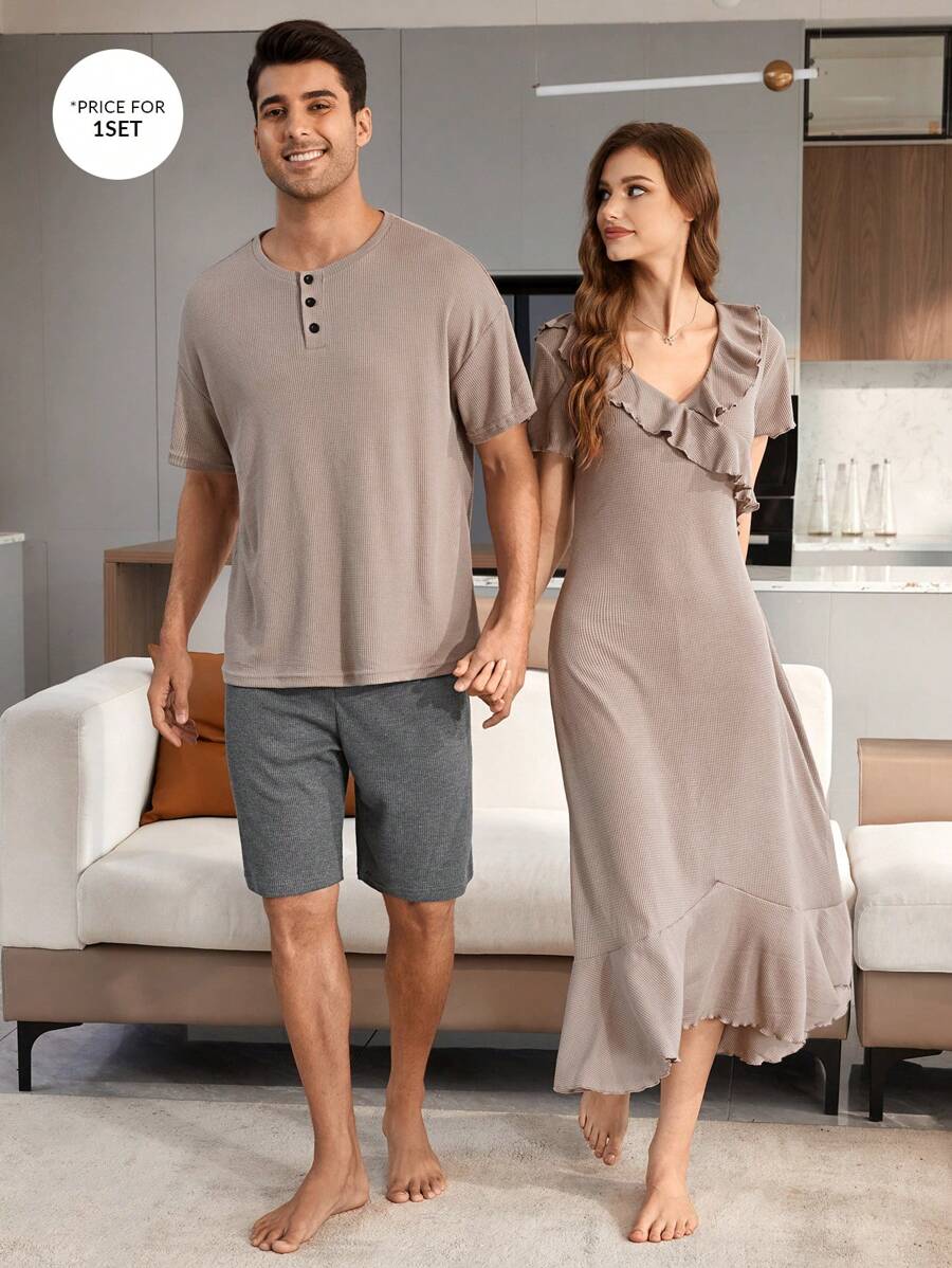 Men's Short-Sleeved And Long Pants Home Wear Set With Half-Zipper Collar And Solid Colors, Couples Matching Outfits - Multicolor - View 1