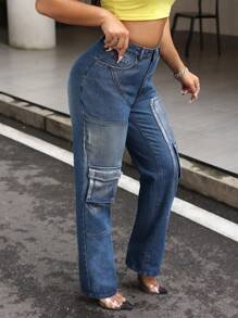 SHEIN SXY Vaqueros de mujer versátiles, sueltos y rectos con bolsillos de carga