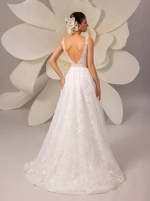 Bohemian Contrast Color Heavy Lace Sequin Zipper Backless Luxury Elegant Wedding Dresses For Outdoor Lawn Weddings White Bridal Dress - White - View 3