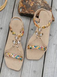 Dép màu be, Dép đế bệt nữ, Đế dệt, Nhẹ, chống trượt, Giày đi biển, Họa tiết dệt ngẫu nhiên, Dép mùa hè mũi vuông - Màu be - Xem 4