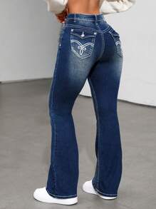 SHEIN ICON Women's Flared Casual Jeans With Pockets - Medium Wash - View 2