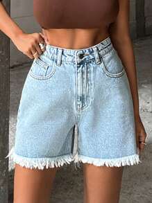 Medium Cut-Off Denim Shorts With Distressed Frayed Hem, High Waist - Light Wash - View 8