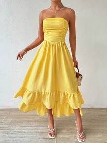 Allurite Ladies' Asymmetrical Ruffled Hem & Ruched Strapless Vacation Casual Dress, Yellow Women Dresses - Yellow - View 6