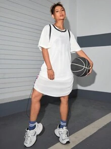Streetz SHEIN Sport Vestido activo de hombros caídos con cordones en los lados y cinta de rayas de contraste - Blanco - Ver 4