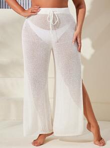 Plus Split Thigh Pointelle Knit Cover Up Pants For Summer Beach - White - View 7