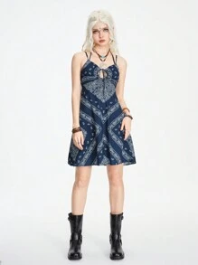 ROMWE Hippie Váy Cami in họa tiết Paisley phía trước cho kỳ nghỉ hè - Màu xanh lam - Xem 7