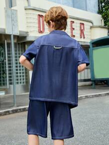 SHEIN Tween Boy's Denim Effect Patch Pocket Shirt And Shorts Casual Set, Summer - Dark Wash - View 2
