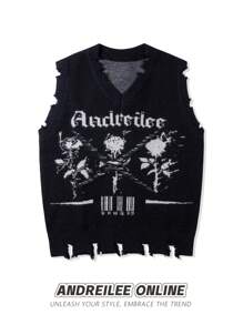 Men Floral & Letter Graphic Distressed Sweater Vest - Black - View 1