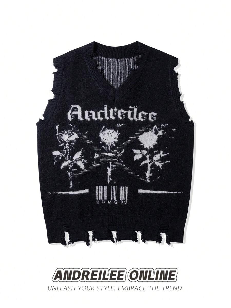 Men Floral & Letter Graphic Distressed Sweater Vest - Black - View 1
