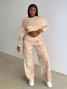 Slaydiva 秋冬季休閒簡約圓領長袖寬鬆落肩鬆口設計截短毛衣闊腿褲V字型交叉腰帶全寬卡其印花女士兩件套-G - 卡其色 - 查看 6