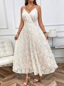 SHEIN Clasi 女士蕾丝细肩带 A 字形连衣裙，后系带，收腰，超长款女装 - 杏色 - 查看 7