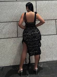 Allurite Plus Tie Shoulder Ruffle Trim Lace Cami Dress For Summer - Black - View 2