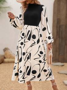 Breezaya Vestido de manga larga para mujer con estampado aleatorio y parcheado de unicolor