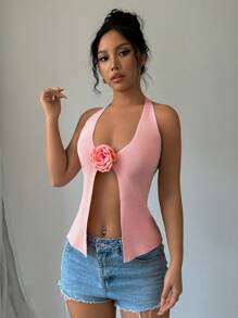 Chiquease 女性性感花卉裝飾針織上衣，開背設計和分裂下擺 - 粉色 - 查看 5