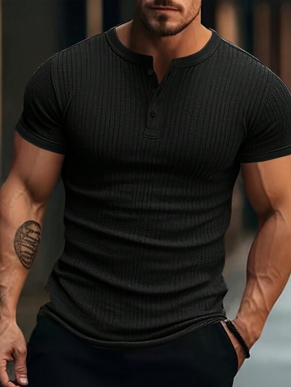 Men's Solid Color Button Placket Short Sleeve Casual T-Shirt