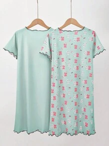 少女短袖圓領睡衣連衣裙，家居服 - 綠色 - 查看 2