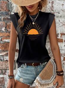 SHEIN LUNE Women's Summer Sunset Printed Round Neck Short Sleeve Casual T-Shirt - Black - View 6