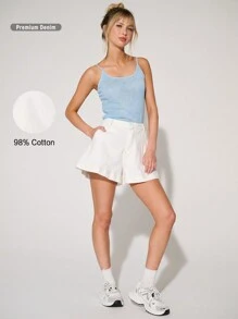WESTFADE Quần short denim 98% cotton co giãn cạp cao cao cấp - Màu be - Xem 1