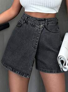 SHEIN Cottnline High Waist Wrap Denim Skort For Summer - Grey - View 6