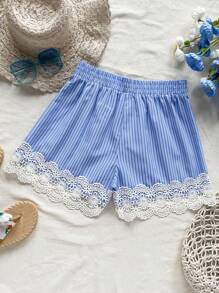 Soleia 夏季假期女士休閒藍白條紋高腰細節彈性拼接蕾絲腰短褲 - 藍白色 - 查看 2