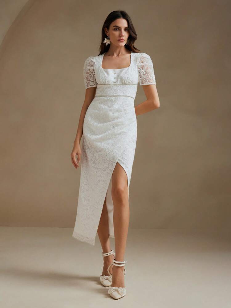 Ladies White Lace Short Puff Sleeve Waisted Dress