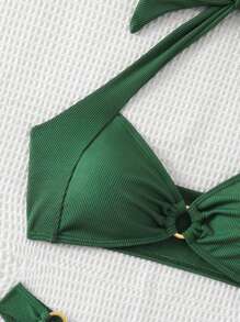 SHEIN Swim Women's Summer Beach Solid Color Circular Link Halter Neck Bikini Set