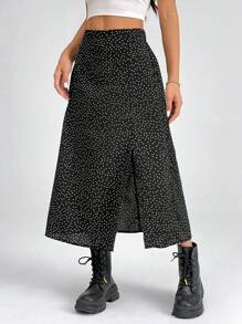 SHEIN PETITE Mid-Length A Slit Polka Dot Casual Vacation Skirt