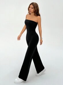 SHEIN EZwear Women's Solid Color Simple Daily Strapless Flared Jumpsuit - Black - View 4