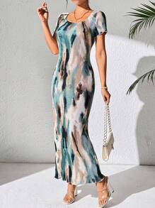 Chiquease Women's Tie-Dye Printed Square Neck Straight Shoulder Elegant Dress Maxi Women Outfit - Multicolor - View 2