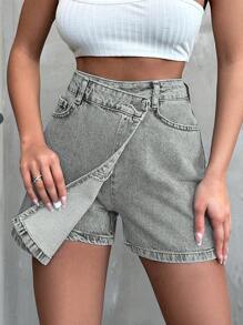 SHEIN Cottnline 夏季高腰不對稱包覆式牛仔緊身短裙 - 白色 - 查看 4