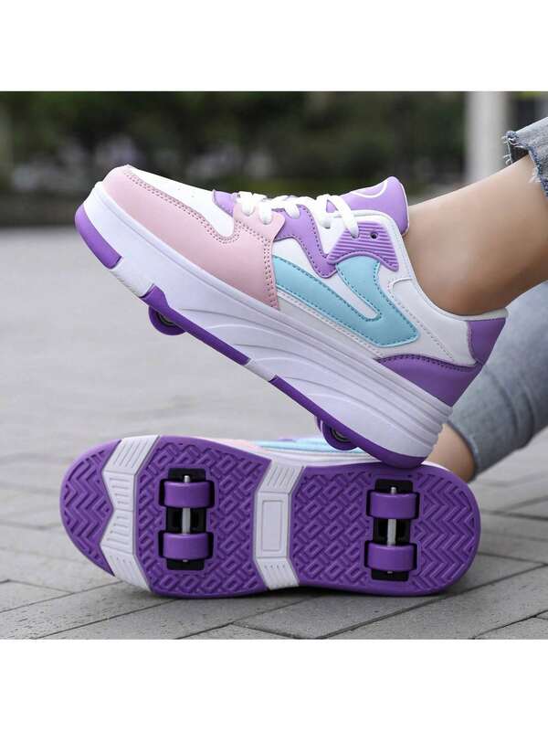 Girls' Student Sports Shoes With Wheels, Multifunction Roller Skates, Teenagers' Skate Shoes With Four-Wheel Secure Straps