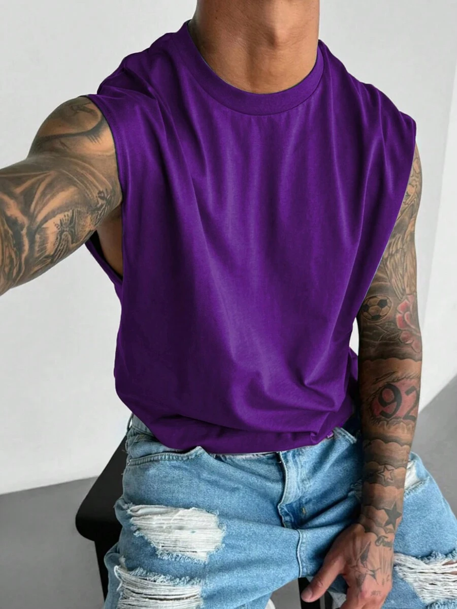 2025 New Men's Round Neck Sleeveless Loose Fashionable Casual Street Hip Hop Style Tank Top - Purple - View 1