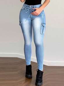 Women's Tight Fit Drawstring Pocket Skinny Jeans - Blue - View 1