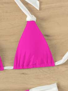 SHEIN Swim Bộ bikini dây đeo màu sắc tương phản đi biển mùa hè dành cho nữ - Màu Hồng Tươi - Xem 3