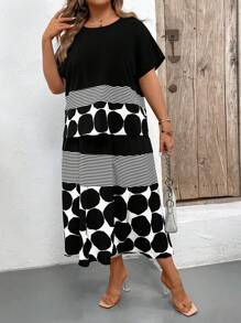 SHEIN LUNE 條紋和波點印花蝙蝠袖T恤和裙子套裝 - 黑與白 - 查看 5