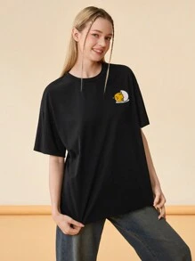 Gudetama X SHEIN 女士夏季卡通和字母圖案短袖T恤 - 黑色 - 查看 2