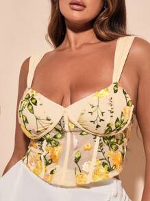 SHEIN BAE Plus Size Women's Embroidered Lace Panel Bustier Halter Top,  Bustier Top, Going Out Top - Yellow - View 6