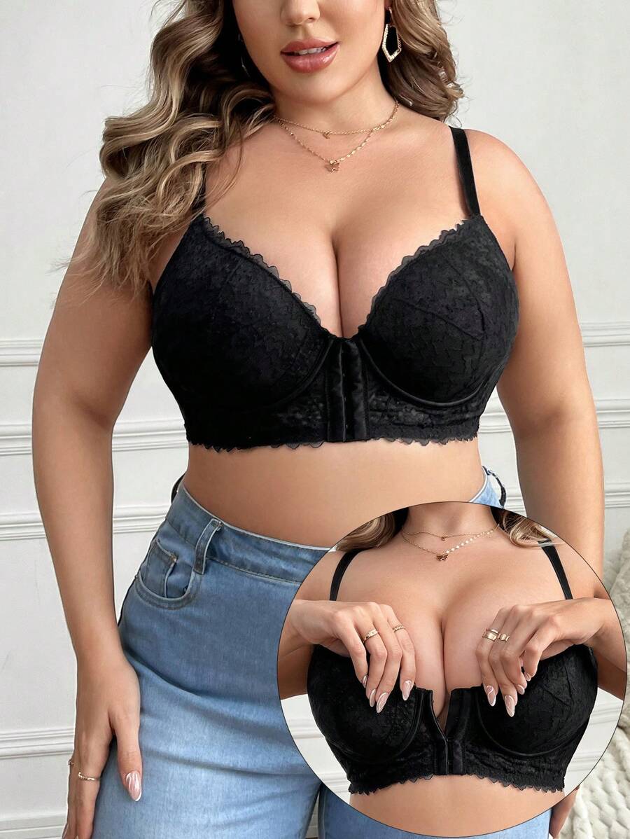 大码性感浪漫休闲舒适前钩眼蕾丝胸罩，防止下垂，托胸，可调节，1 件内衣 - 黑色 - 查看 1