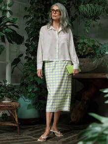 SHEIN LUNE Women's Summer Casual Green French Paris Postmark Print Satin Short Sleeve Shirt - Multicolor - View 4