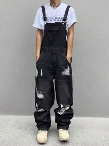 Manfinity Hypemode Overoles vaqueros con diseño rasgado, de moda y tendencia, de uso informal y para raperos, con presillas para cinturón, para salir