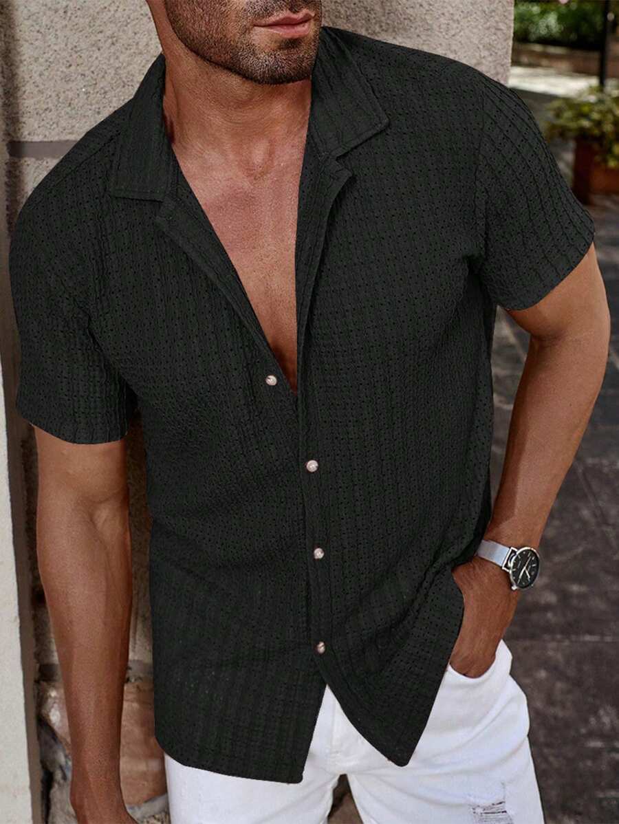 Manfinity Homme Men's Summer Solid Color Short Sleeve Casual Commuting Shirt - Black - View 1